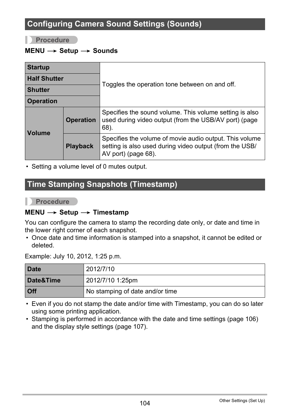 Configuring camera sound settings (sounds), Time stamping snapshots (timestamp) | Casio EXILIM EX-Z3000 User Manual | Page 104 / 145