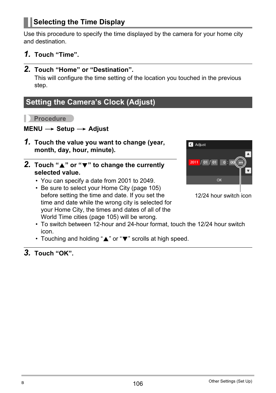 Selecting the time display, Setting the camera’s clock (adjust) | Casio EXILIM EX-Z3000 User Manual | Page 106 / 145