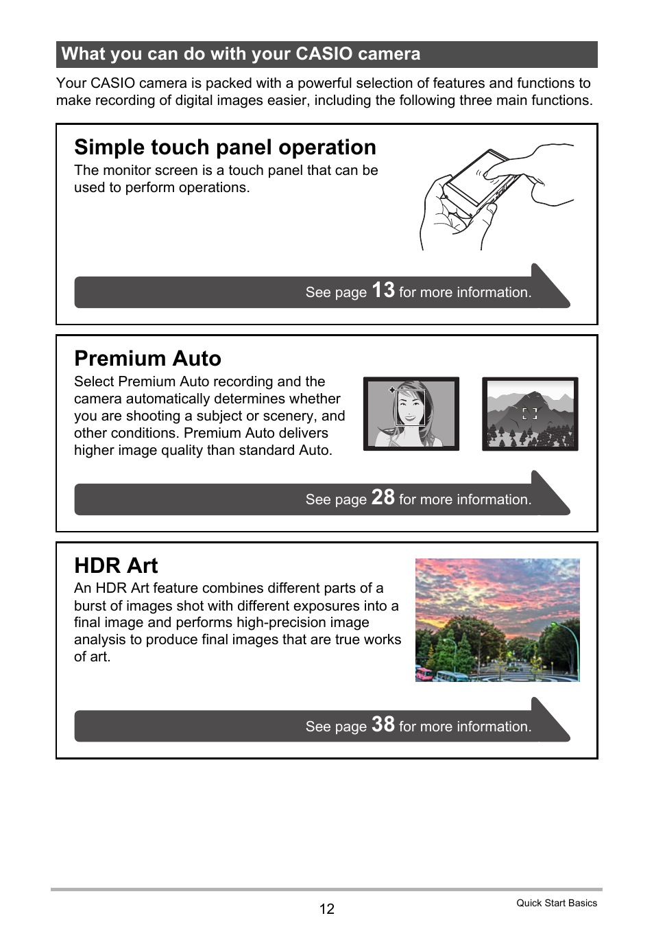 What you can do with your casio camera, Simple touch panel operation, Premium auto | Hdr art | Casio EXILIM EX-Z3000 User Manual | Page 12 / 145