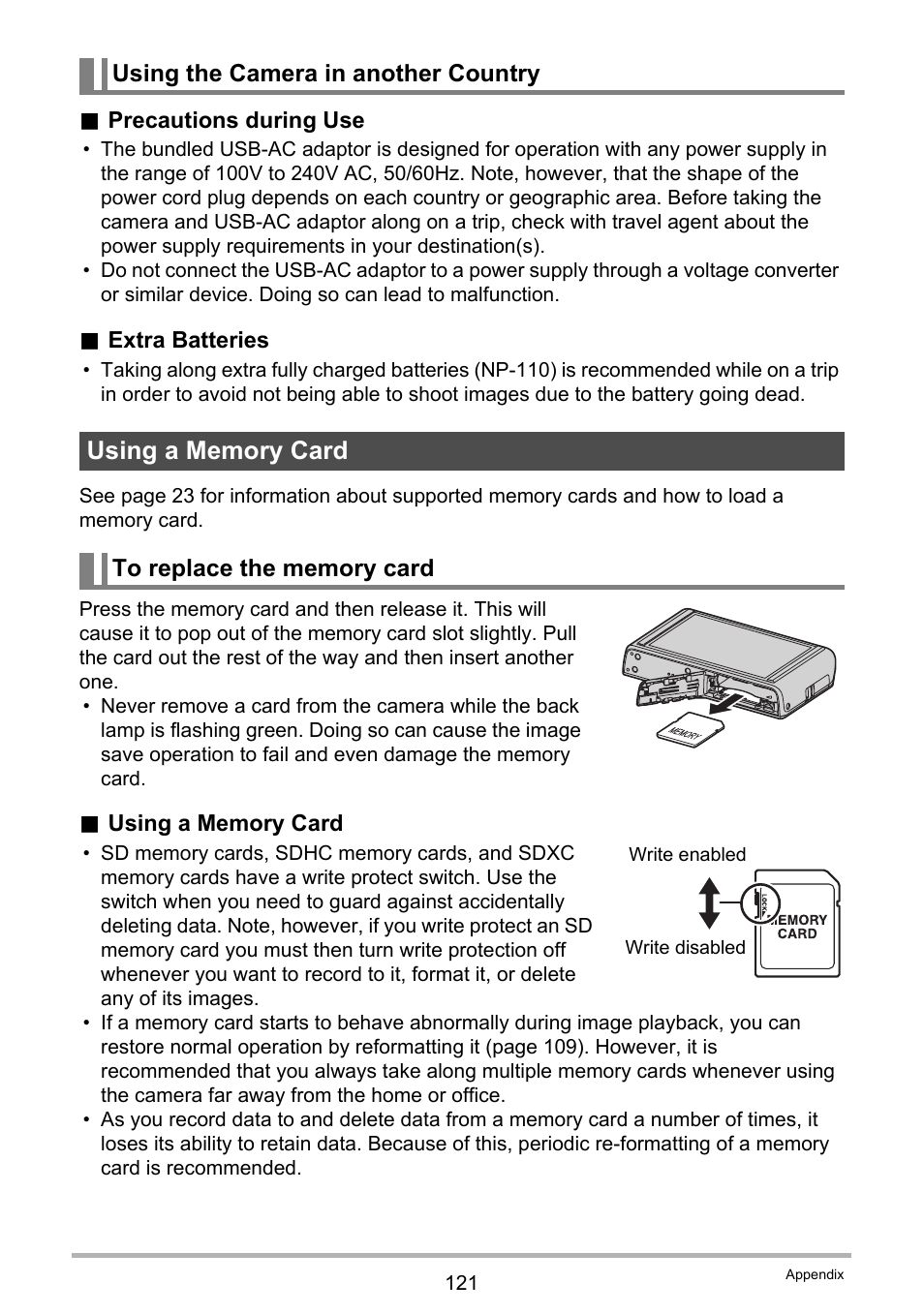 Using the camera in another country, Using a memory card, To replace the memory card | Casio EXILIM EX-Z3000 User Manual | Page 121 / 145