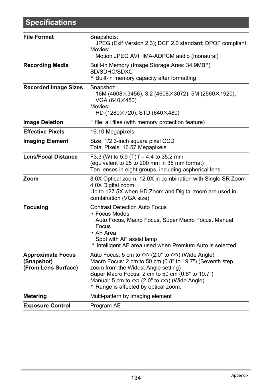 Specifications | Casio EXILIM EX-Z3000 User Manual | Page 134 / 145