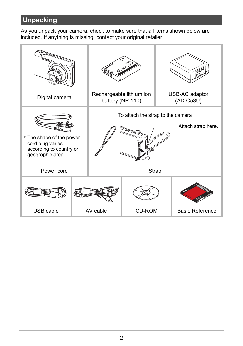 Unpacking | Casio EXILIM EX-Z3000 User Manual | Page 2 / 145