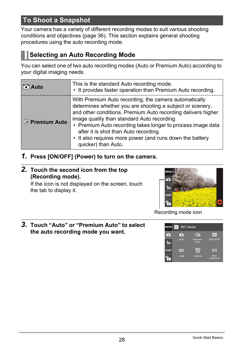 To shoot a snapshot, Selecting an auto recording mode, For more information | Casio EXILIM EX-Z3000 User Manual | Page 28 / 145