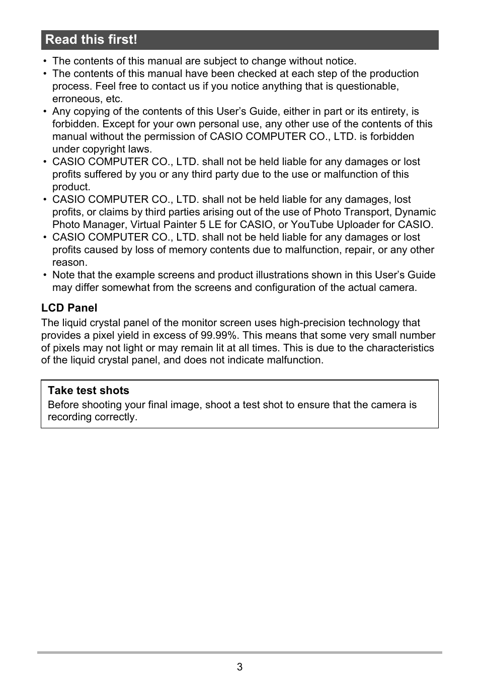 Read this first | Casio EXILIM EX-Z3000 User Manual | Page 3 / 145