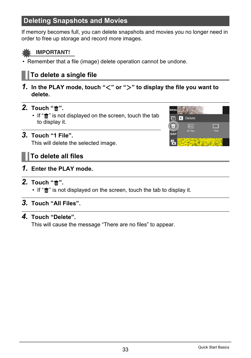 Deleting snapshots and movies, To delete a single file, To delete all files | Casio EXILIM EX-Z3000 User Manual | Page 33 / 145