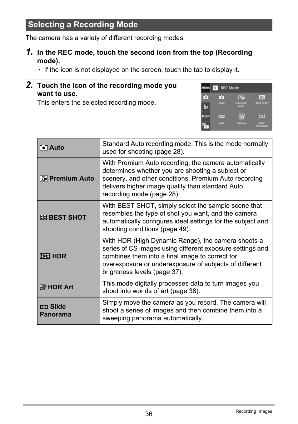 Selecting a recording mode | Casio EXILIM EX-Z3000 User Manual | Page 36 / 145