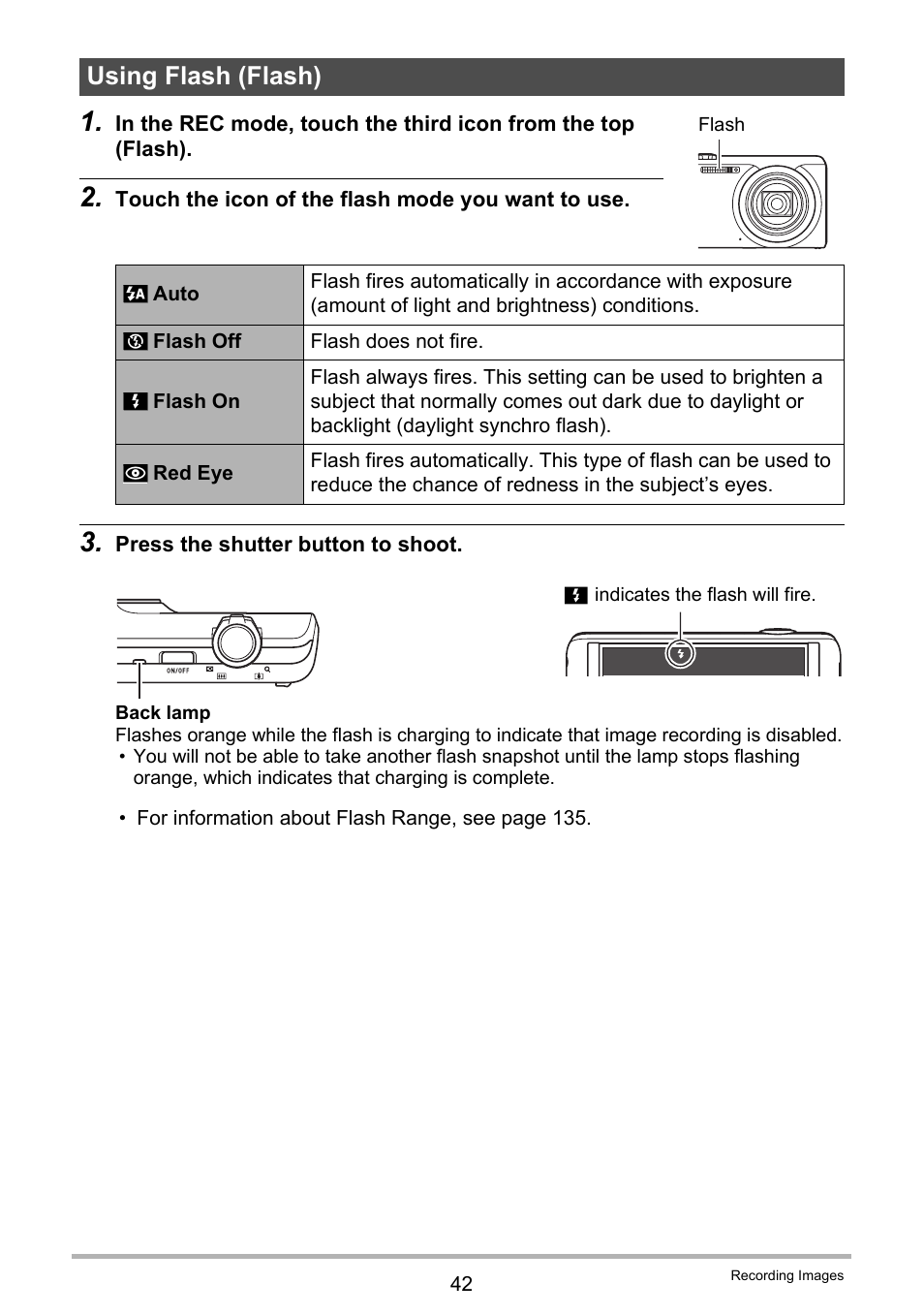 Using flash (flash) | Casio EXILIM EX-Z3000 User Manual | Page 42 / 145