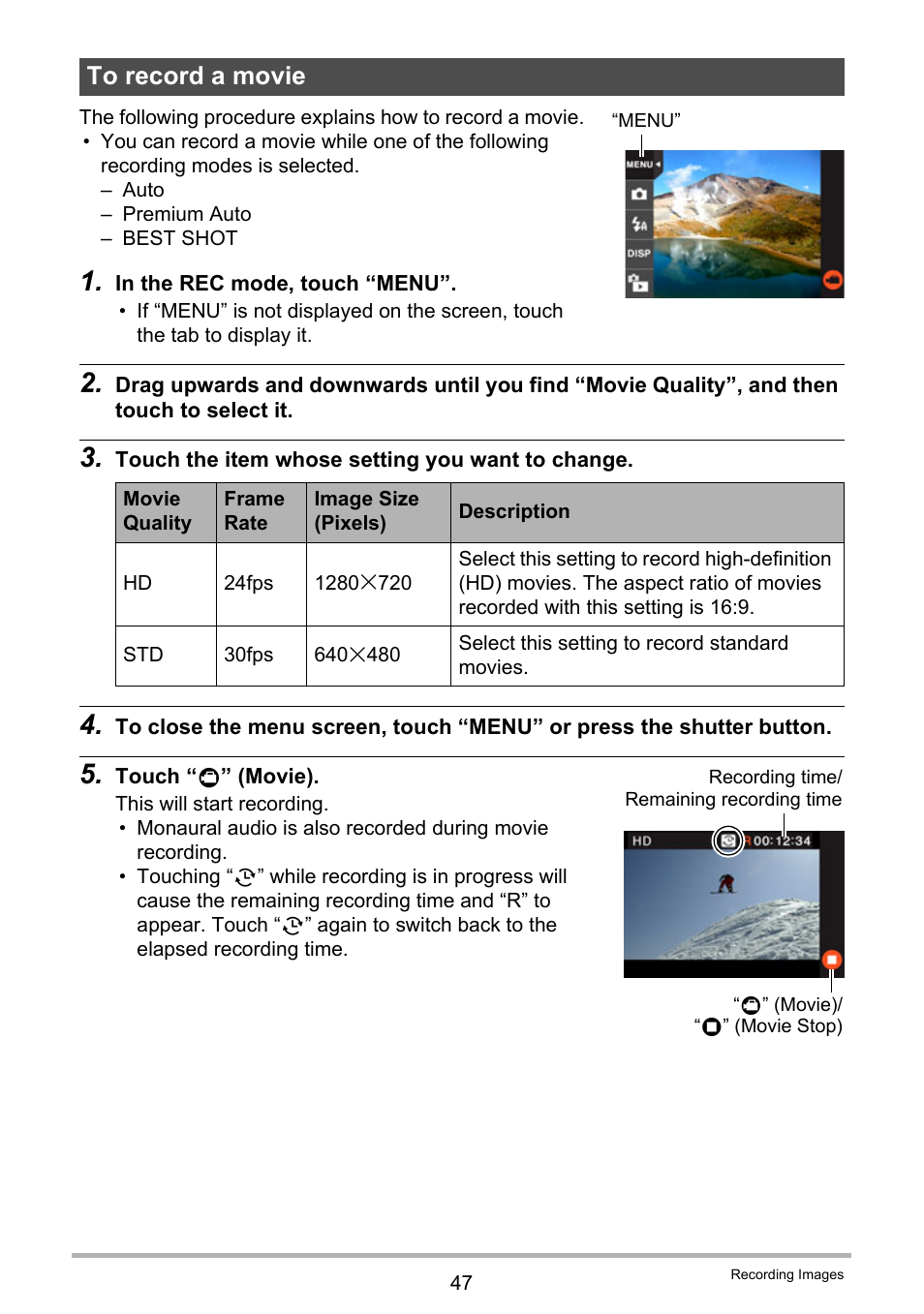 To record a movie | Casio EXILIM EX-Z3000 User Manual | Page 47 / 145