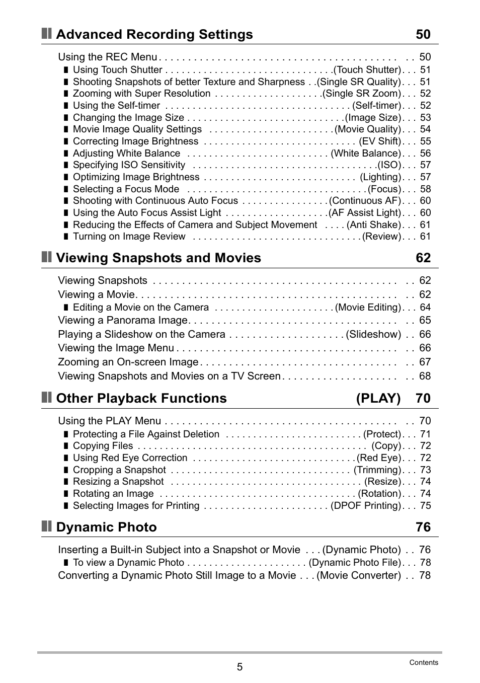 Advanced recording settings 50, Viewing snapshots and movies 62, Other playback functions (play) 70 | Dynamic photo 76 | Casio EXILIM EX-Z3000 User Manual | Page 5 / 145