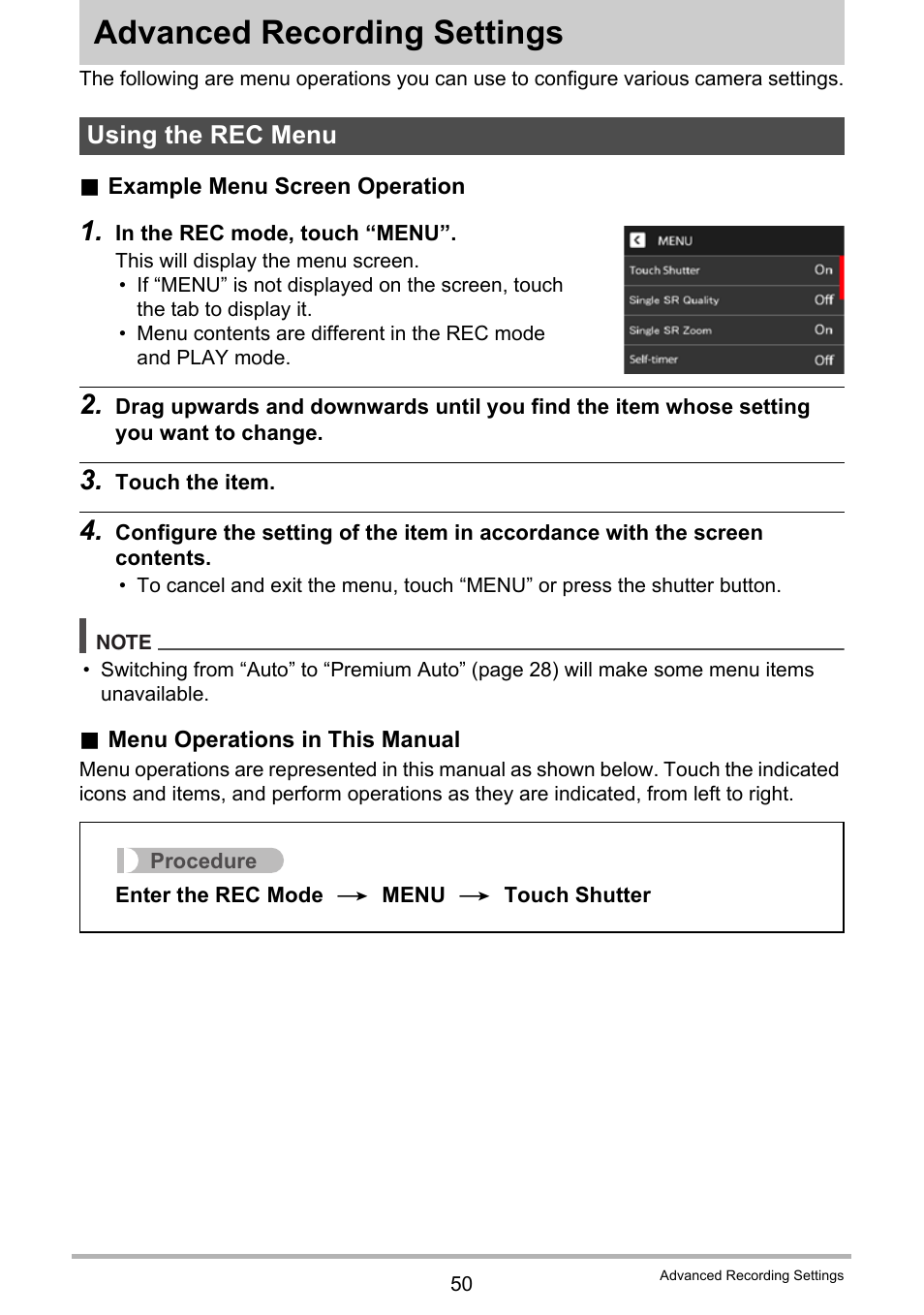 Advanced recording settings, Using the rec menu | Casio EXILIM EX-Z3000 User Manual | Page 50 / 145