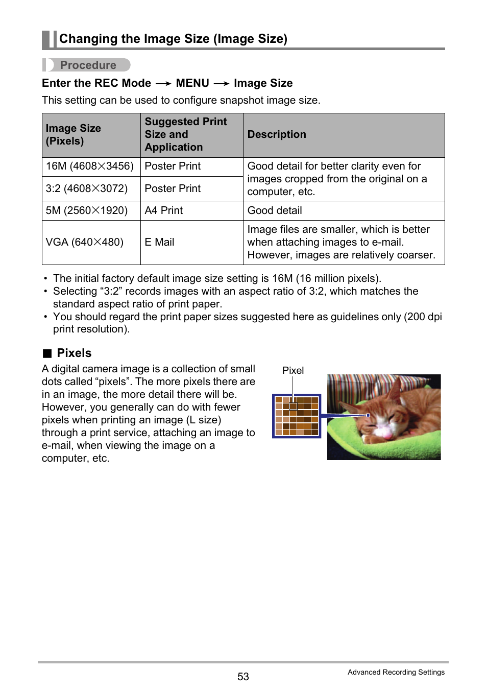 Changing the image size (image size), Ge 53 for | Casio EXILIM EX-Z3000 User Manual | Page 53 / 145