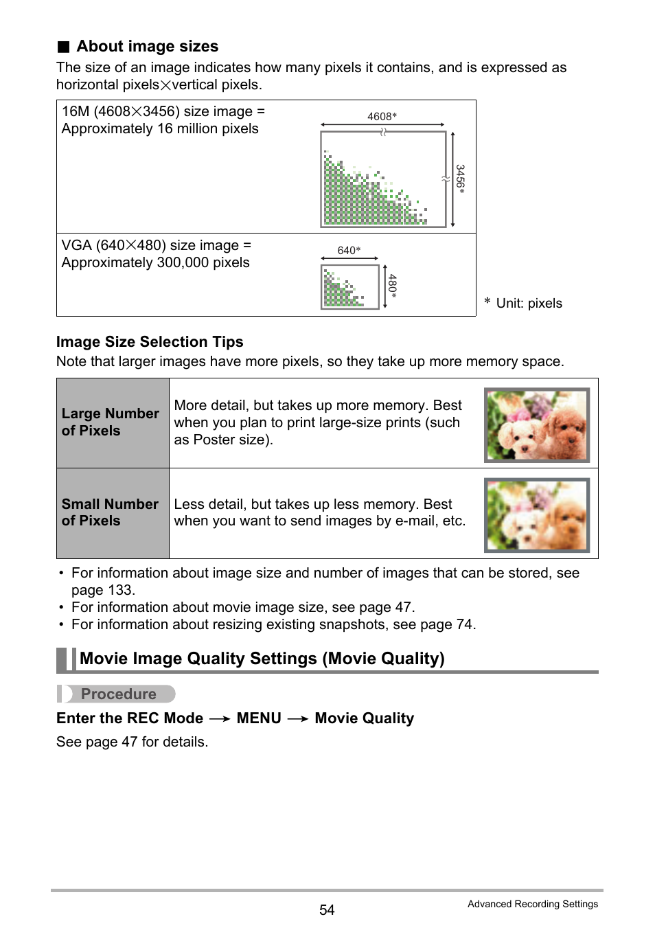 Movie image quality settings (movie quality), About image sizes | Casio EXILIM EX-Z3000 User Manual | Page 54 / 145