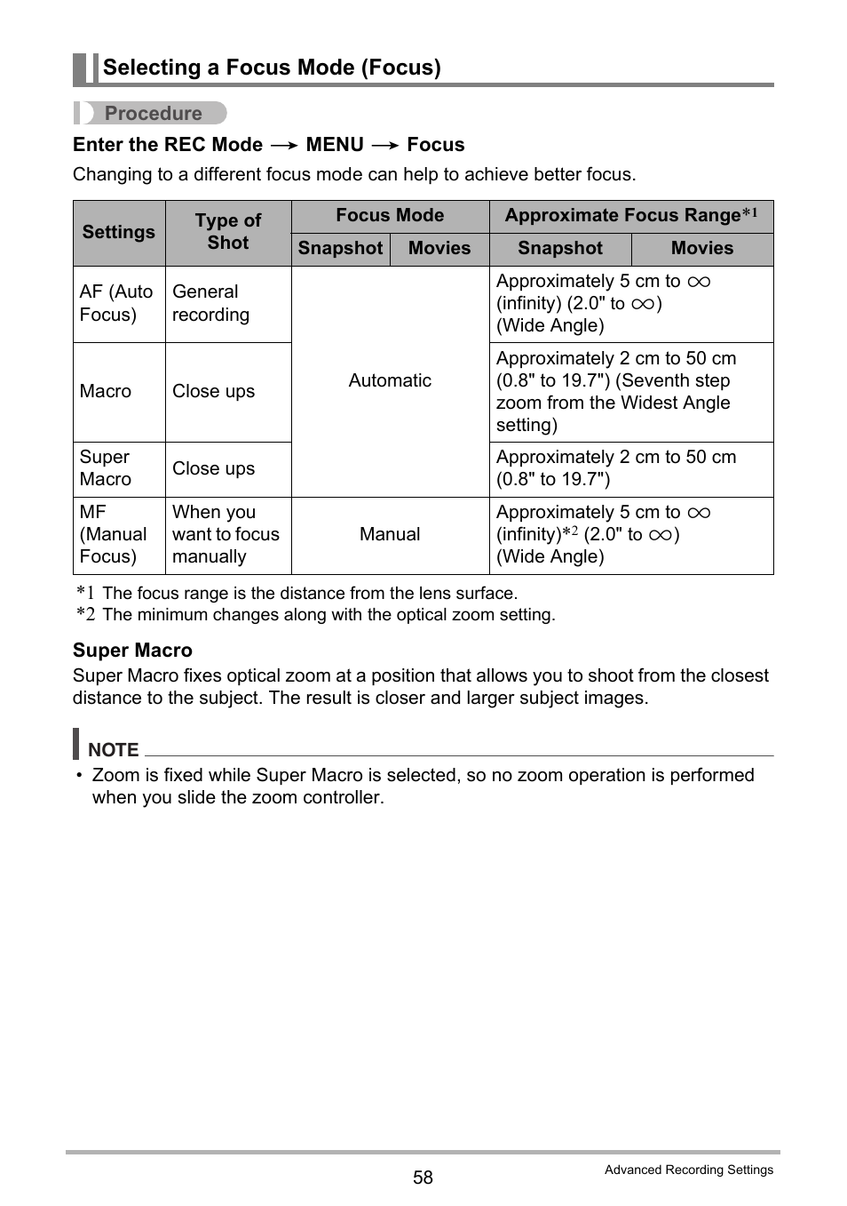 Selecting a focus mode (focus) | Casio EXILIM EX-Z3000 User Manual | Page 58 / 145