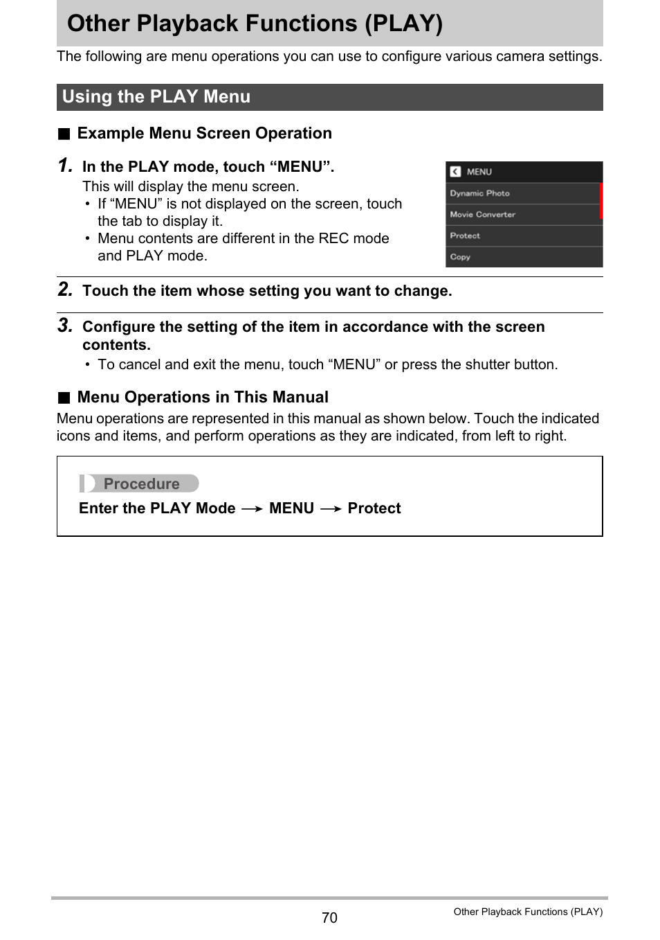 Other playback functions (play), Using the play menu, Other playback functions | Play) 70 | Casio EXILIM EX-Z3000 User Manual | Page 70 / 145