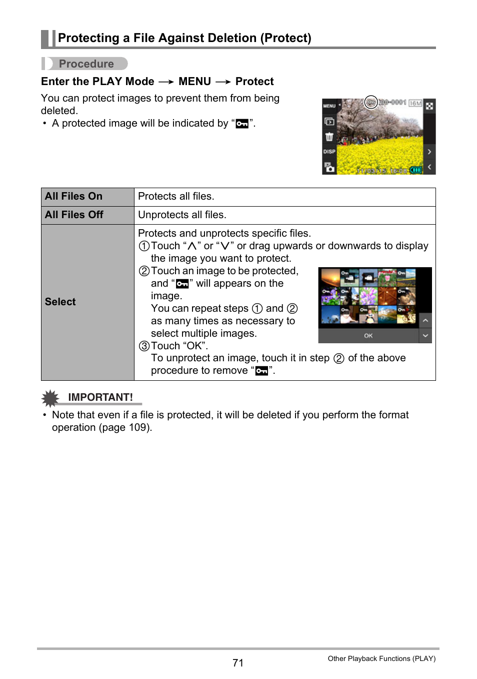 Protecting a file against deletion (protect) | Casio EXILIM EX-Z3000 User Manual | Page 71 / 145