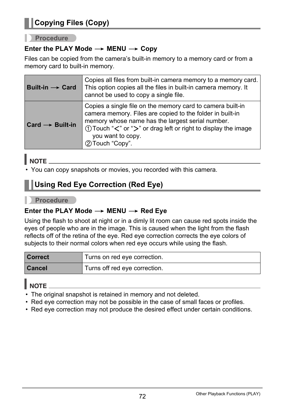 Copying files (copy), Using red eye correction (red eye) | Casio EXILIM EX-Z3000 User Manual | Page 72 / 145