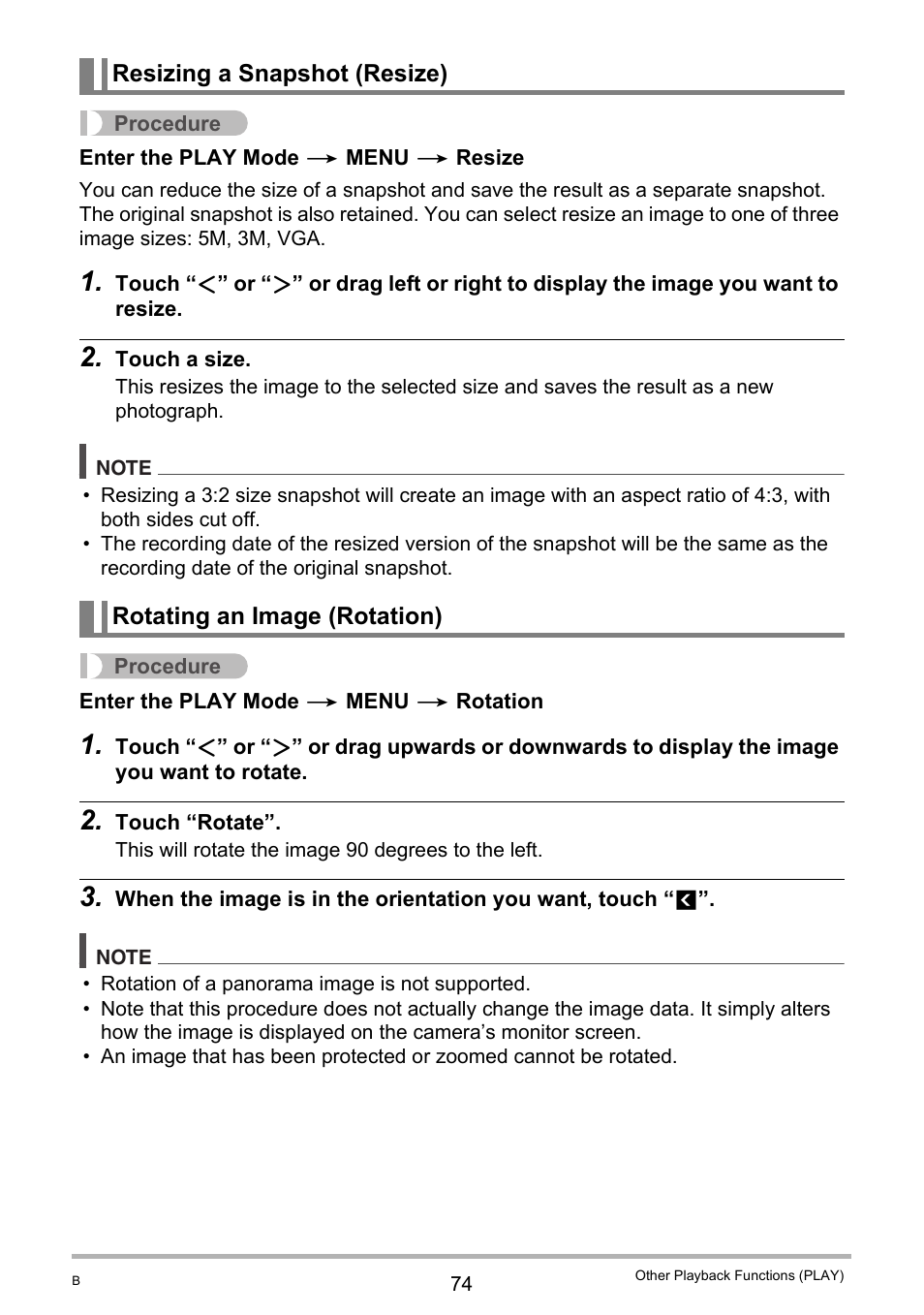 Resizing a snapshot (resize), Rotating an image (rotation) | Casio EXILIM EX-Z3000 User Manual | Page 74 / 145