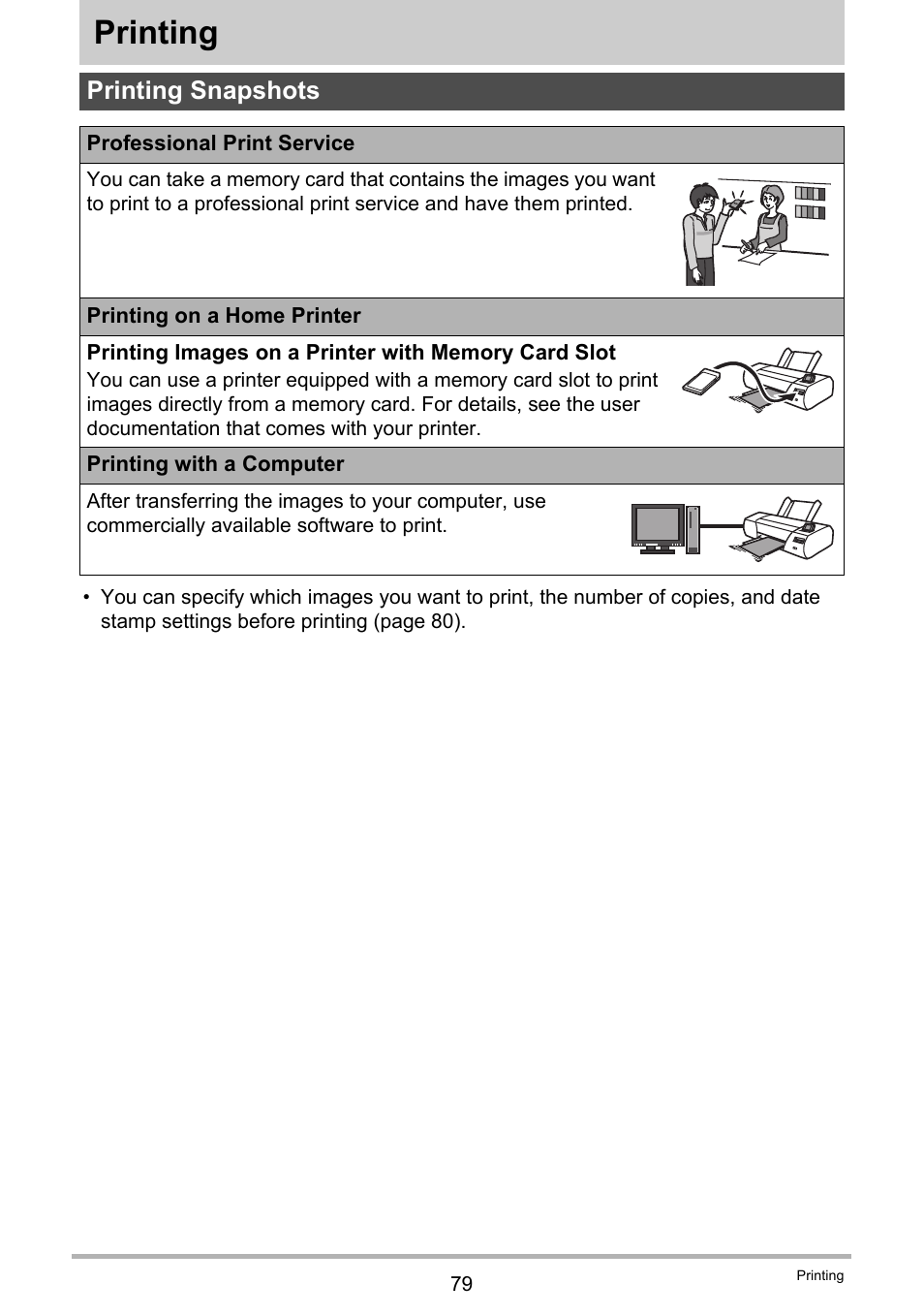 Printing, Printing snapshots | Casio EXILIM EX-Z3000 User Manual | Page 79 / 145