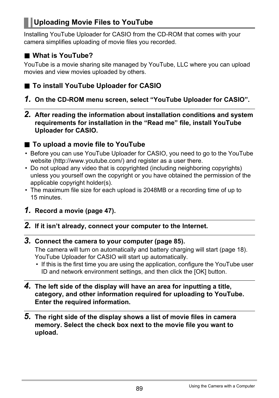 Uploading movie files to youtube | Casio EXILIM EX-Z3000 User Manual | Page 89 / 145