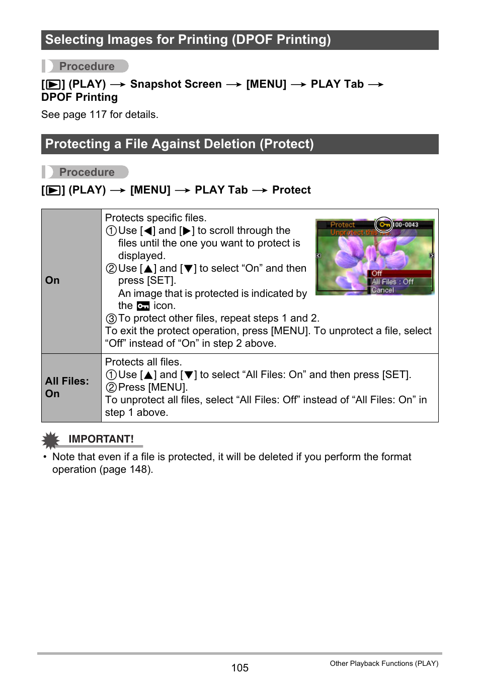 Selecting images for printing (dpof printing), Protecting a file against deletion (protect) | Casio EXILIM EX-Z270 User Manual | Page 105 / 202