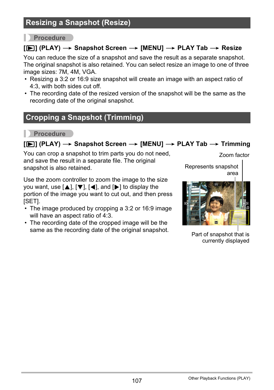 Resizing a snapshot (resize), Cropping a snapshot (trimming) | Casio EXILIM EX-Z270 User Manual | Page 107 / 202