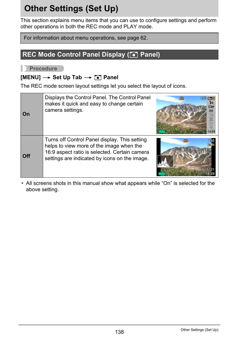 Other settings (set up), Rec mode control panel display (_ panel), Other settings | Set up) 138, Rec mode control panel display ( r panel) | Casio EXILIM EX-Z270 User Manual | Page 138 / 202