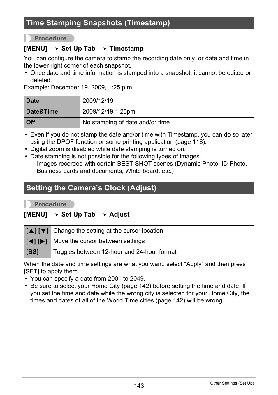 Time stamping snapshots (timestamp), Setting the camera’s clock (adjust) | Casio EXILIM EX-Z270 User Manual | Page 143 / 202