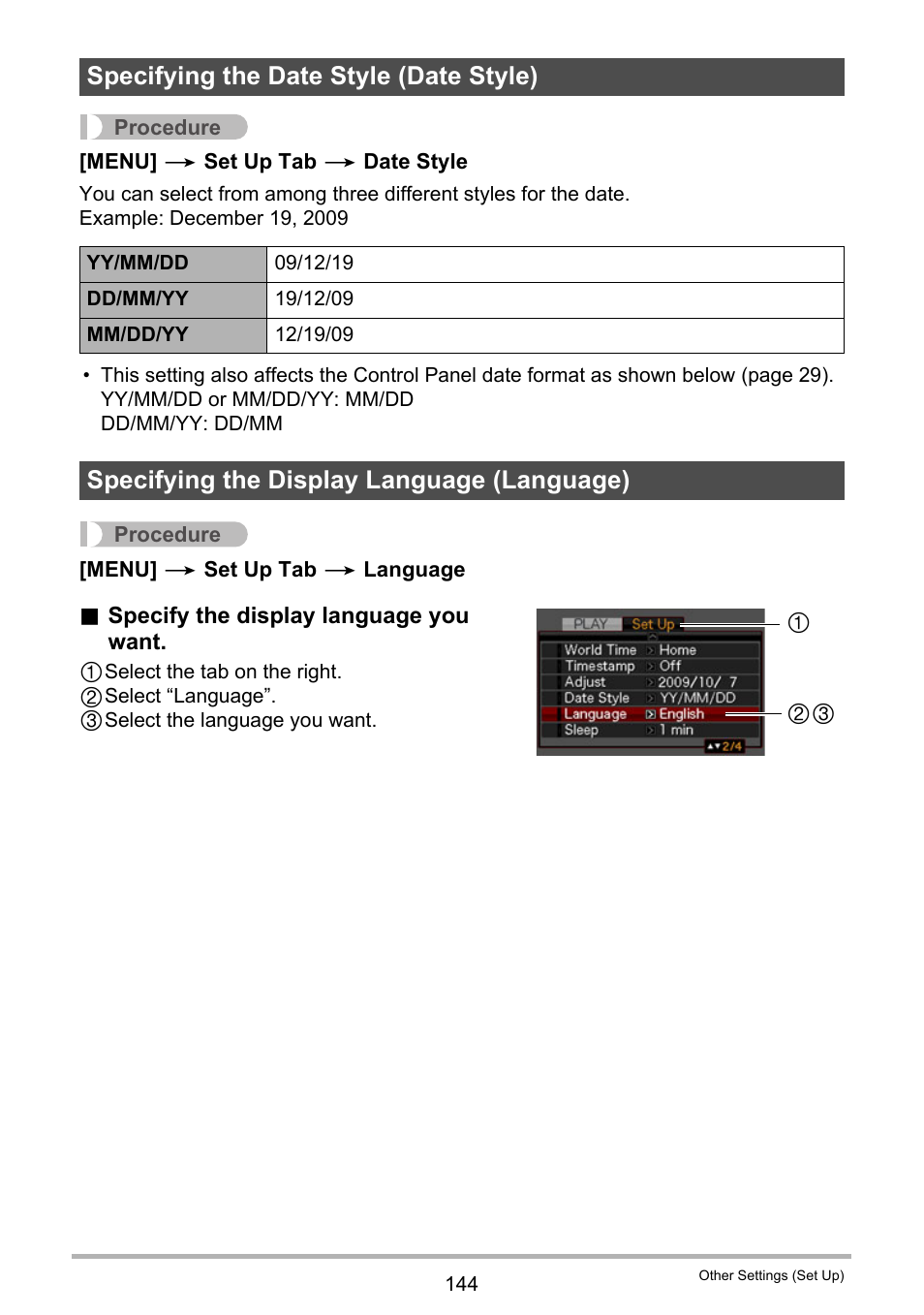 Specifying the date style (date style), Specifying the display language (language), E 144). n | Casio EXILIM EX-Z270 User Manual | Page 144 / 202