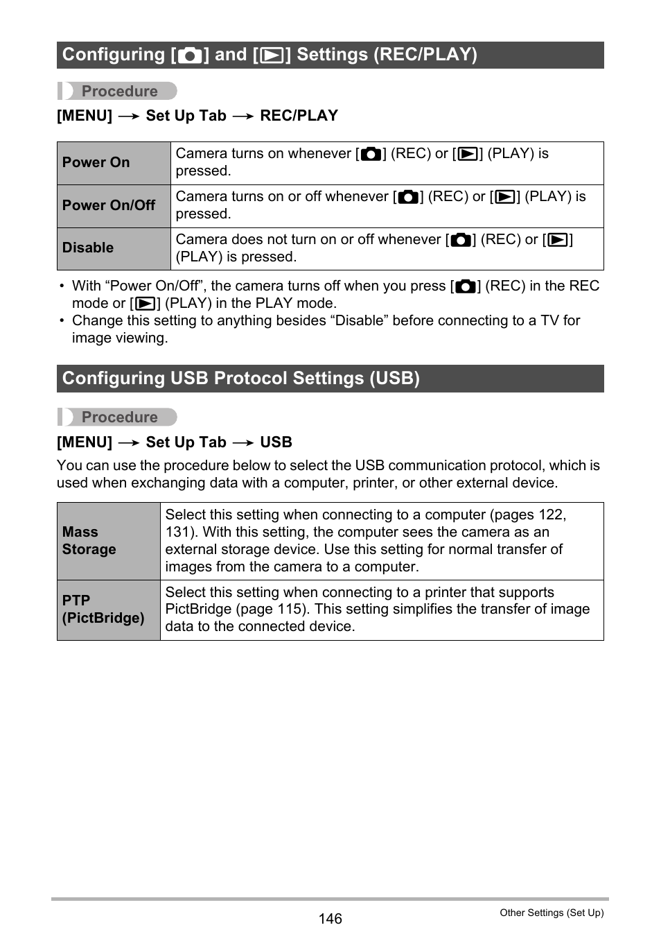 Configuring [_] and [>] settings (rec/play), Configuring usb protocol settings (usb), Configuring [ r ] and [ p ] settings (rec/play) | Casio EXILIM EX-Z270 User Manual | Page 146 / 202