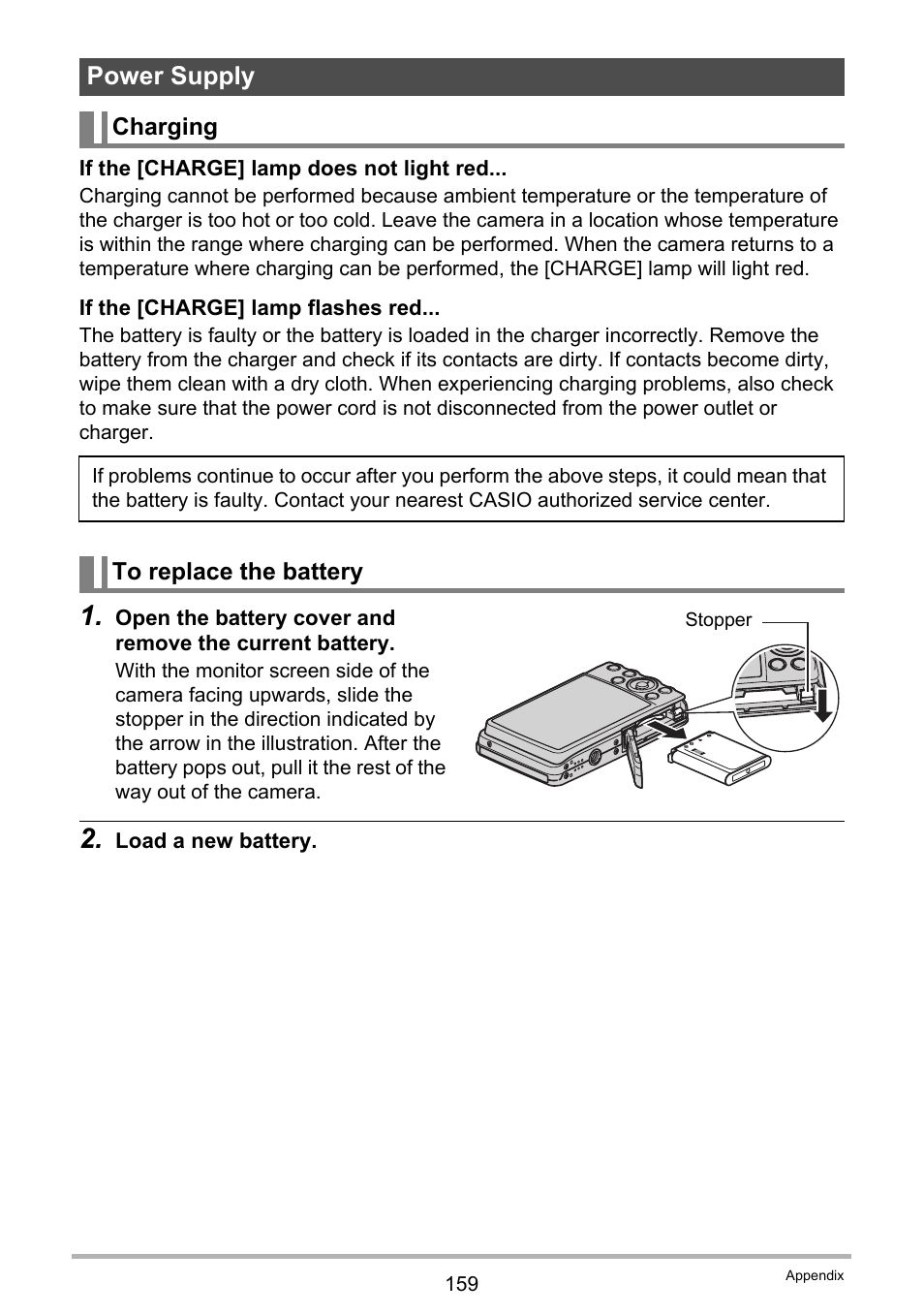 Power supply, Charging, To replace the battery | E 159 | Casio EXILIM EX-Z270 User Manual | Page 159 / 202