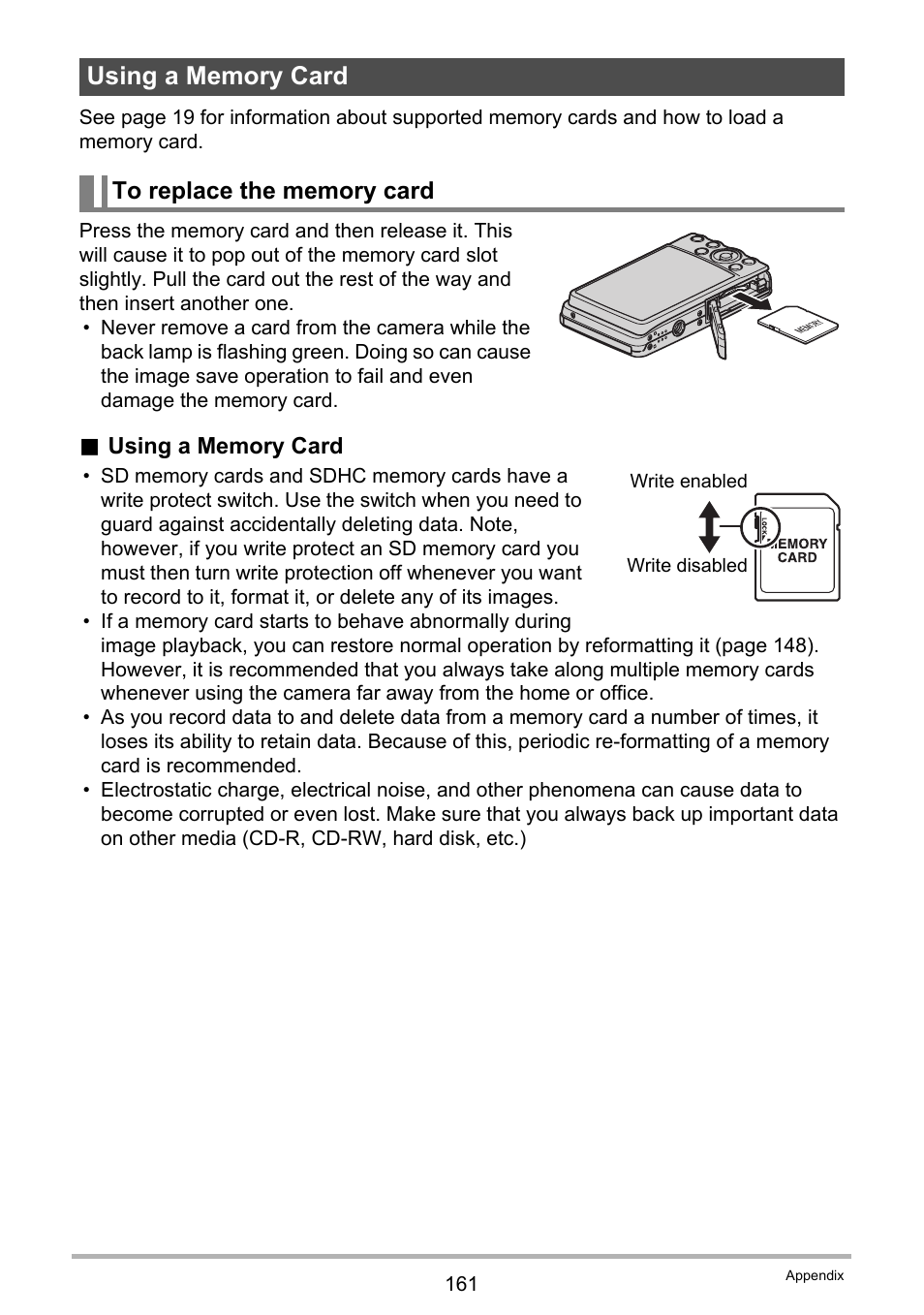 Using a memory card, To replace the memory card | Casio EXILIM EX-Z270 User Manual | Page 161 / 202