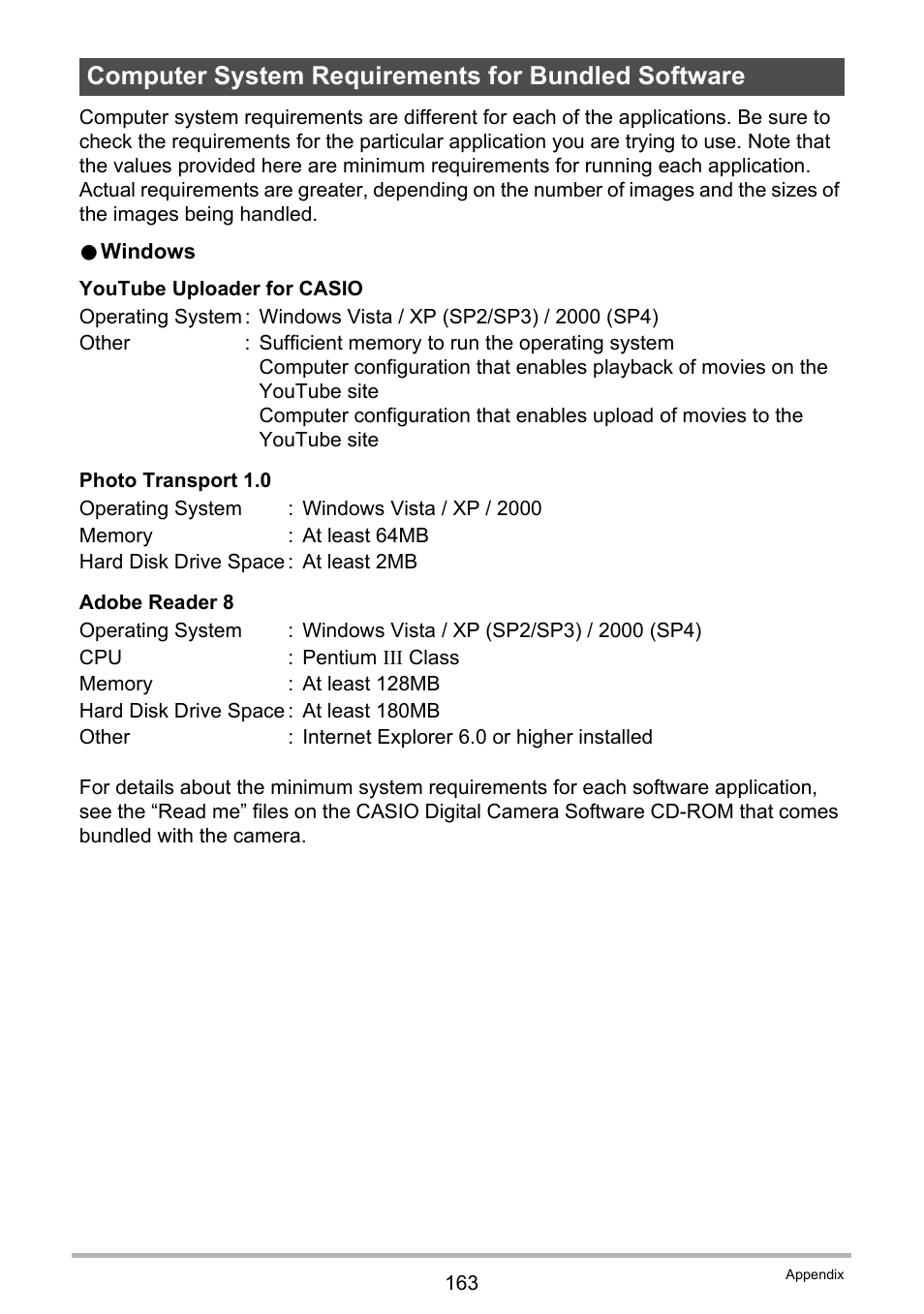 Computer system requirements for bundled software | Casio EXILIM EX-Z270 User Manual | Page 163 / 202