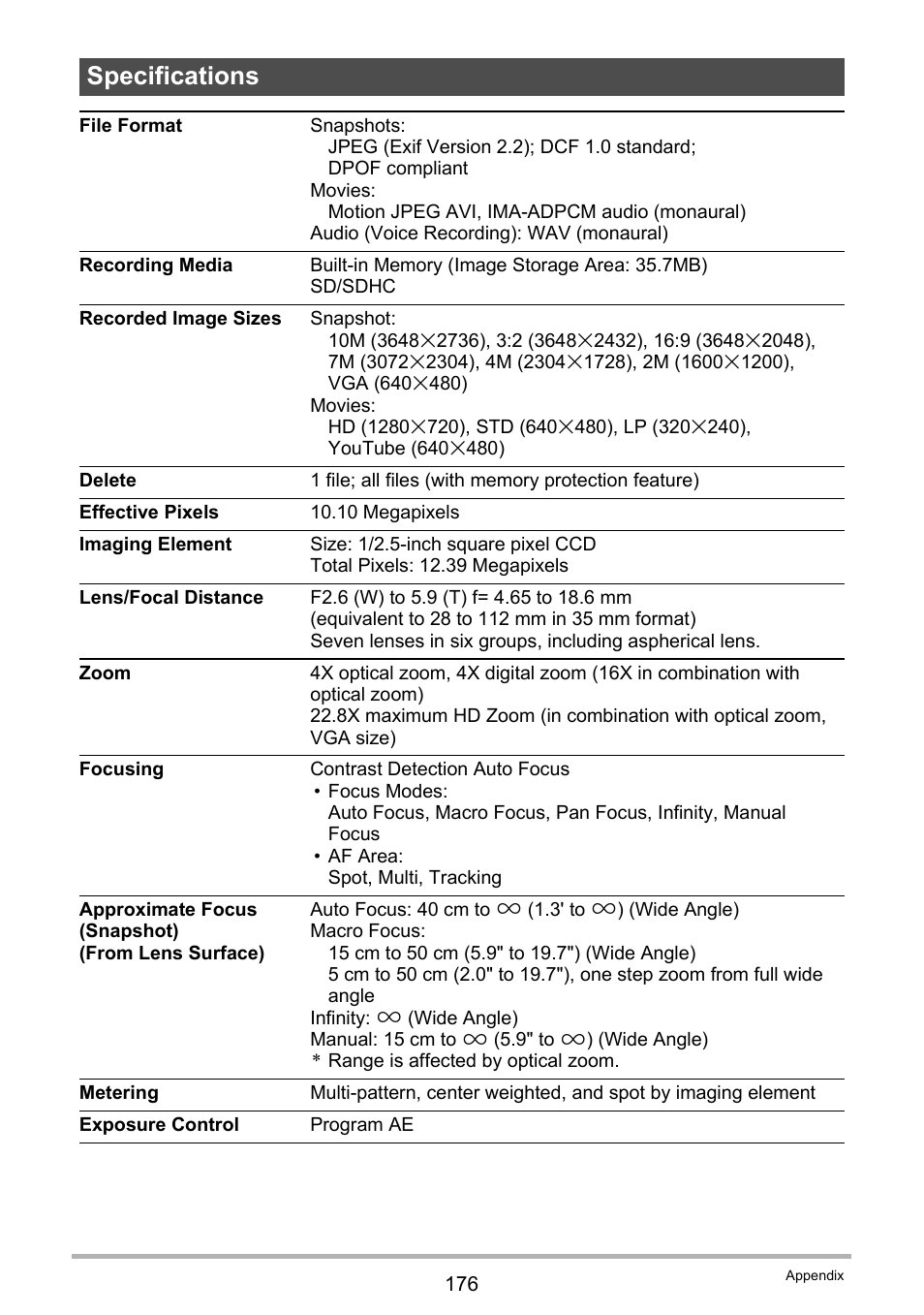 Specifications | Casio EXILIM EX-Z270 User Manual | Page 176 / 202