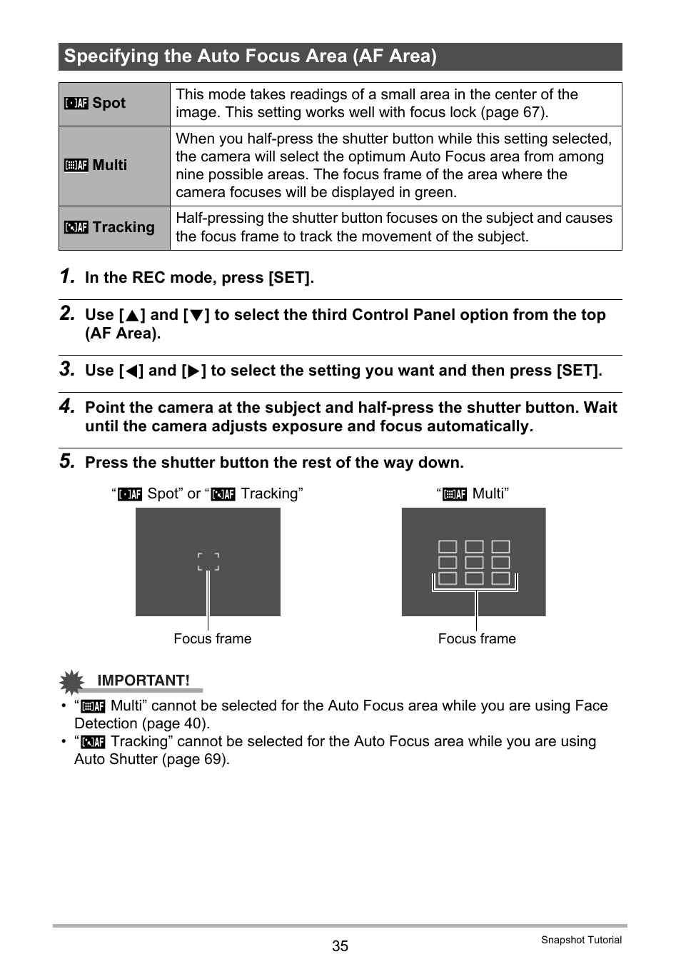 Specifying the auto focus area (af area) | Casio EXILIM EX-Z270 User Manual | Page 35 / 202