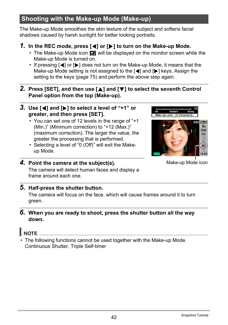 Shooting with the make-up mode (make-up) | Casio EXILIM EX-Z270 User Manual | Page 42 / 202