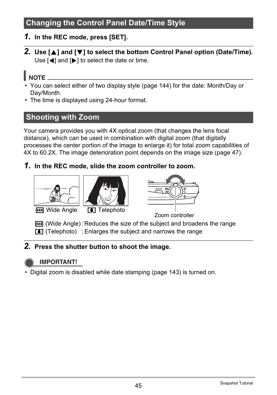 Changing the control panel date/time style, Shooting with zoom | Casio EXILIM EX-Z270 User Manual | Page 45 / 202