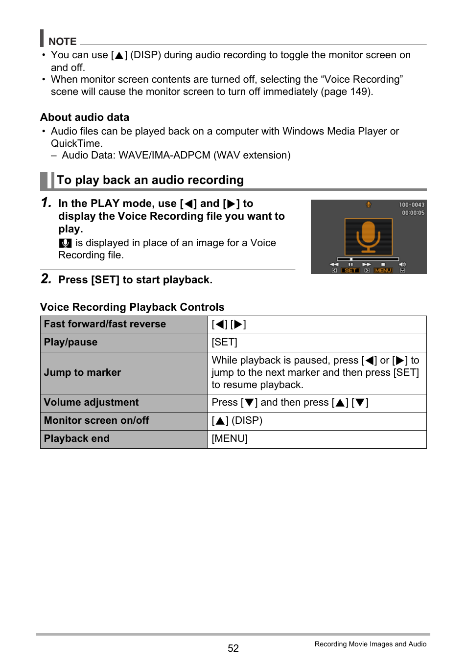 To play back an audio recording | Casio EXILIM EX-Z270 User Manual | Page 52 / 202