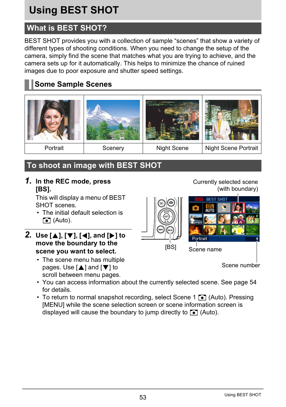 Using best shot, What is best shot, Some sample scenes | To shoot an image with best shot, 53), you can sel | Casio EXILIM EX-Z270 User Manual | Page 53 / 202