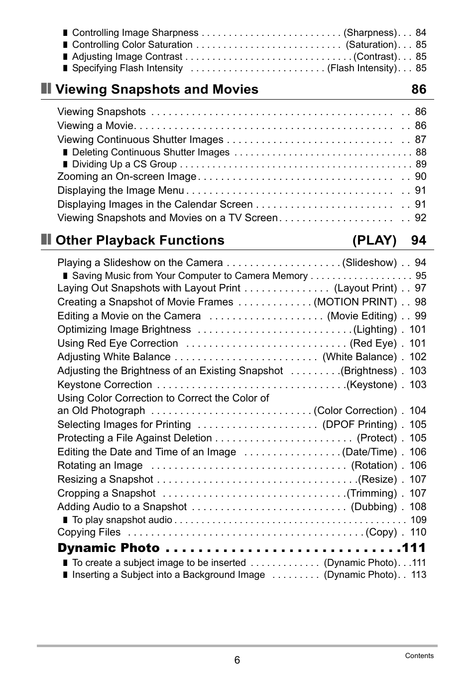 Viewing snapshots and movies 86, Other playback functions (play) 94, Dynamic photo | Casio EXILIM EX-Z270 User Manual | Page 6 / 202