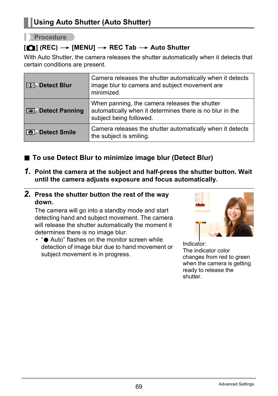 Using auto shutter (auto shutter) | Casio EXILIM EX-Z270 User Manual | Page 69 / 202