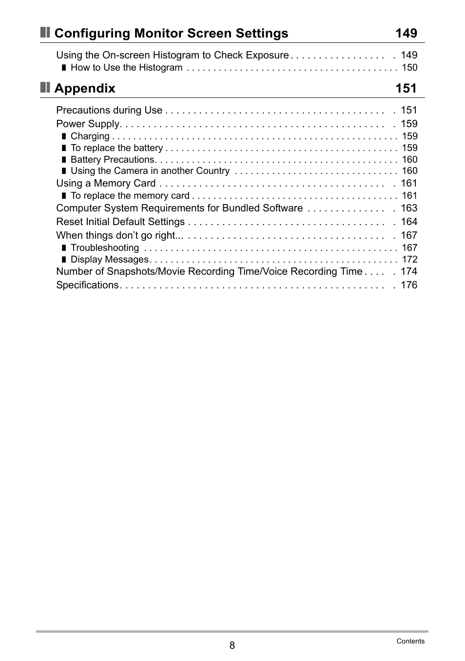 Configuring monitor screen settings 149, Appendix 151 | Casio EXILIM EX-Z270 User Manual | Page 8 / 202