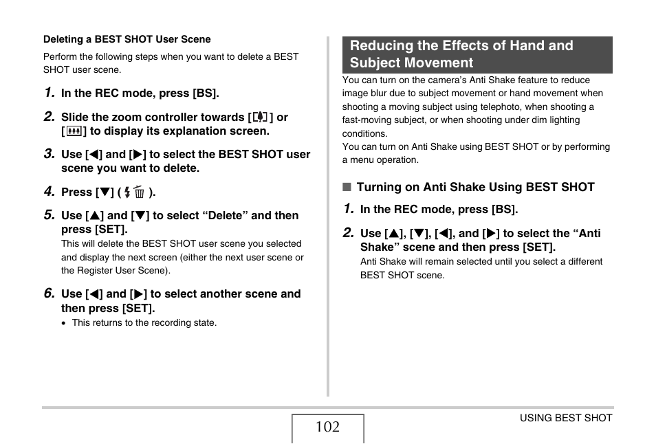 Reducing the effects of hand and subject movement, Ge 102) | Casio EX-Z1080 User Manual | Page 102 / 267