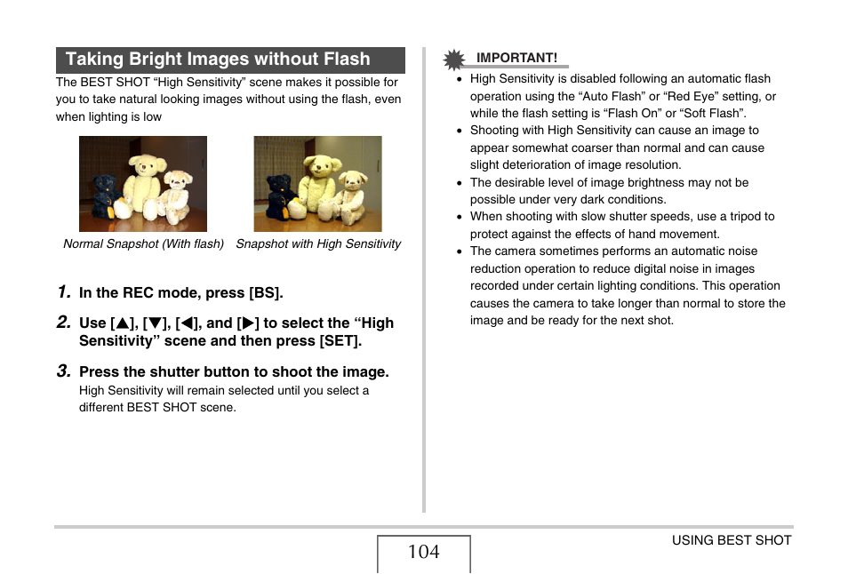 Taking bright images without flash, E 104) | Casio EX-Z1080 User Manual | Page 104 / 267