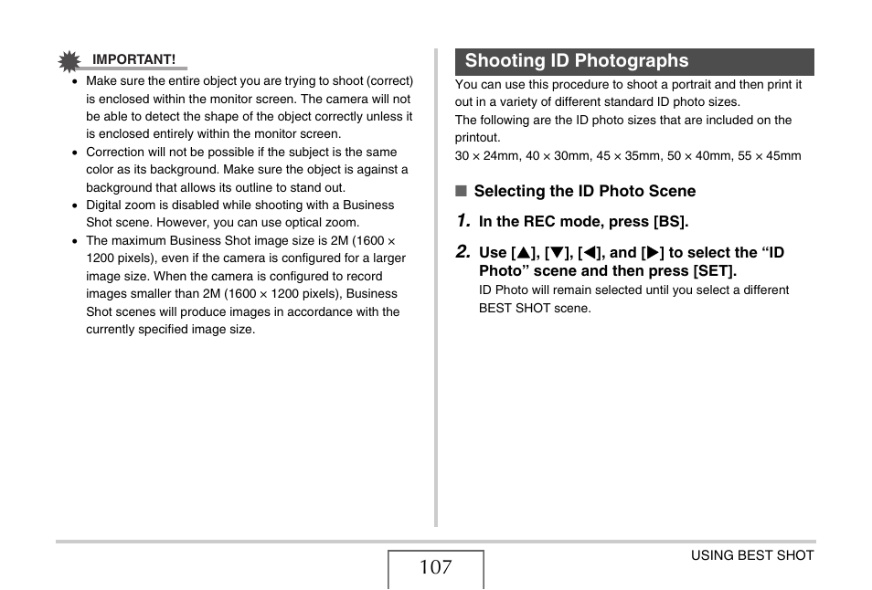 Shooting id photographs | Casio EX-Z1080 User Manual | Page 107 / 267