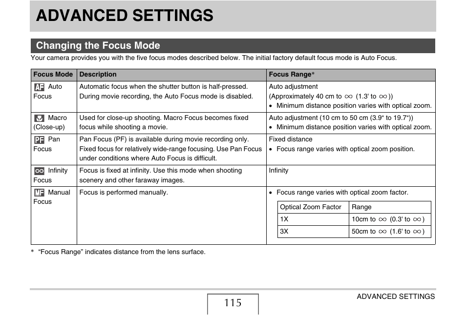 Advanced settings, Changing the focus mode, E 115) | Casio EX-Z1080 User Manual | Page 115 / 267