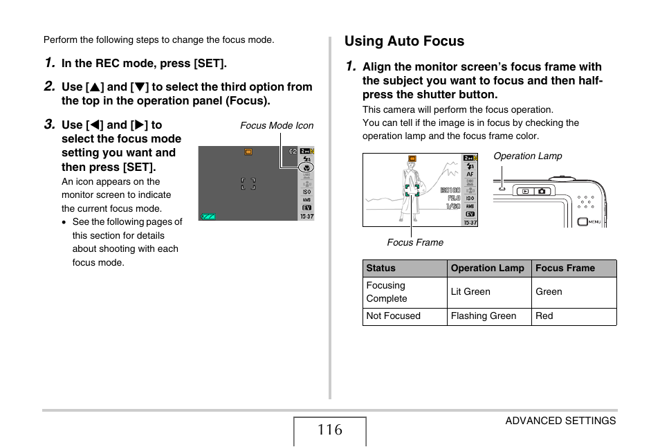 Using auto focus, Using auto focus 1 | Casio EX-Z1080 User Manual | Page 116 / 267