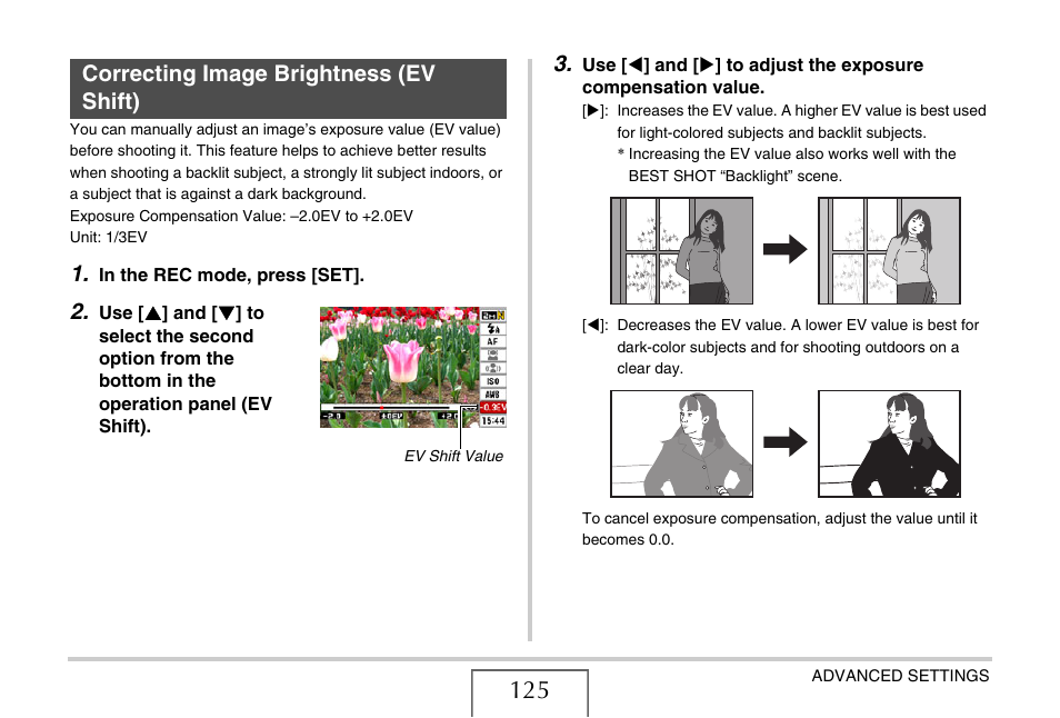 Correcting image brightness (ev shift), E 125) | Casio EX-Z1080 User Manual | Page 125 / 267