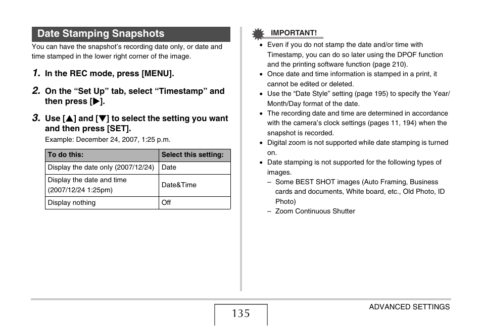 Date stamping snapshots | Casio EX-Z1080 User Manual | Page 135 / 267