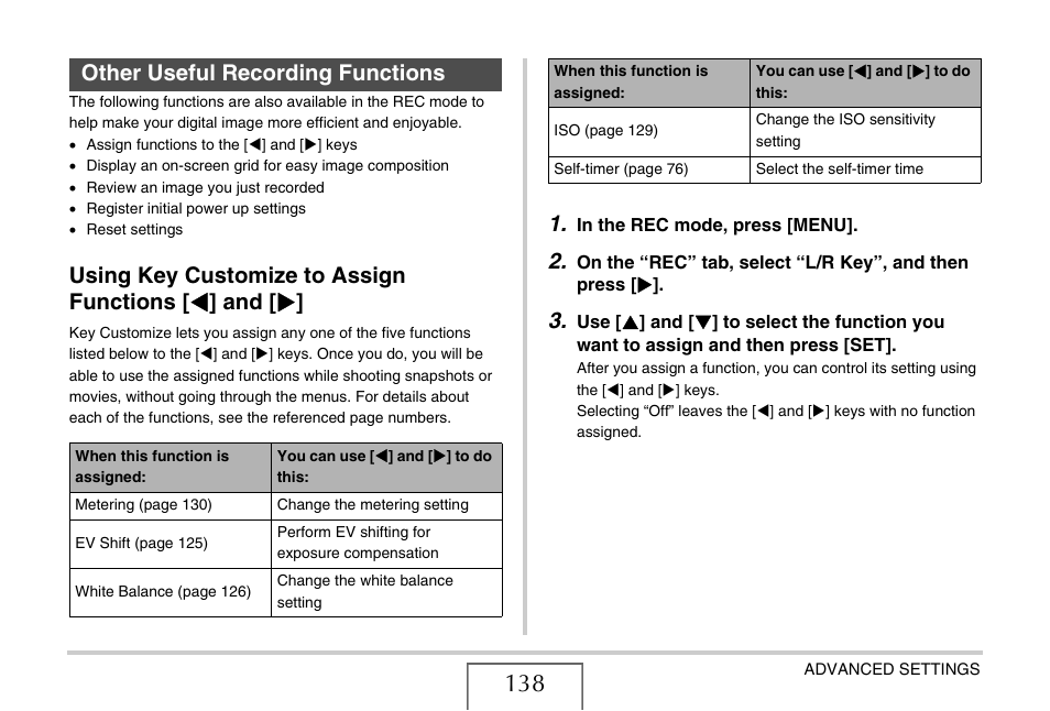 Other useful recording functions, Using key customize to assign functions [<] and, Using key customize to assign functions | W] and [x, Ge 138 | Casio EX-Z1080 User Manual | Page 138 / 267