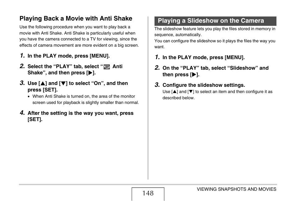 Playing back a movie with anti shake, Playing a slideshow on the camera | Casio EX-Z1080 User Manual | Page 148 / 267